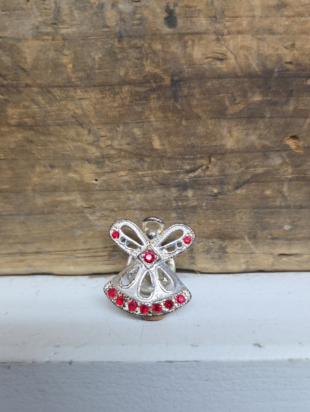 Vintage Silver Tone Angel Lapel Pin Brooch Red Rhinestones